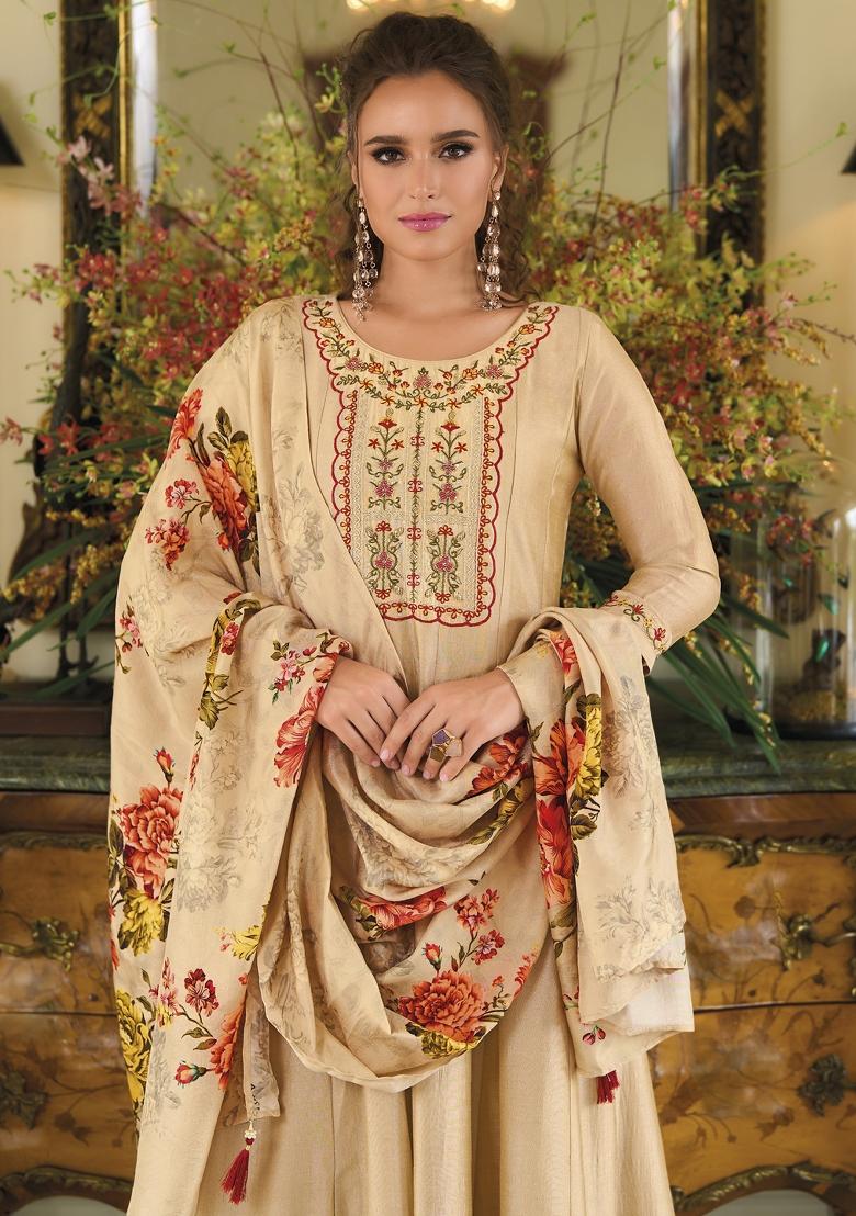 Cream Embroidered Vichitra Salwar Kameez With Dupatta