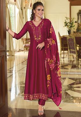 Pink Embroidered Vichitra Salwar Kameez With Dupatta