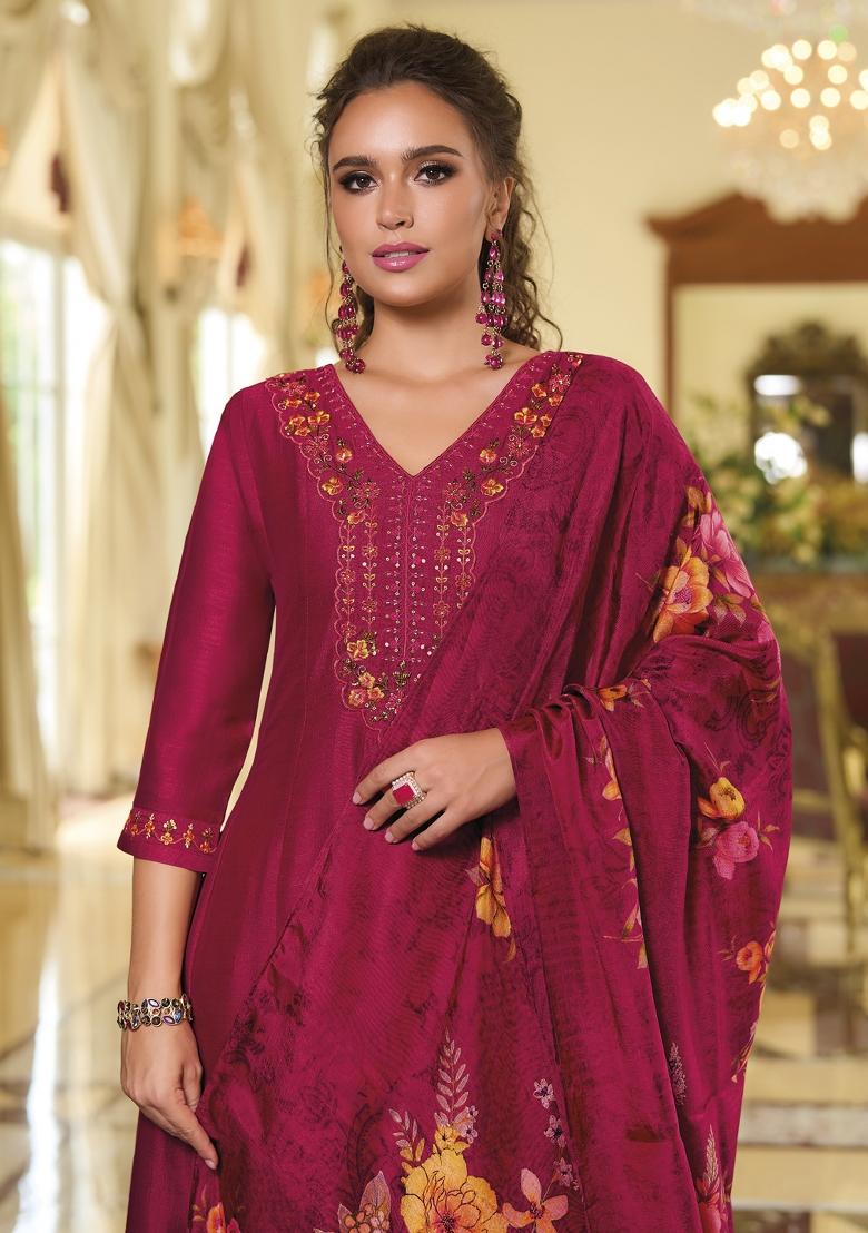 Pink Embroidered Vichitra Salwar Kameez With Dupatta