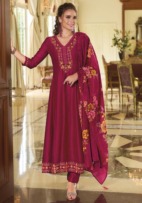 Pink Embroidered Vichitra Salwar Kameez With Dupatta