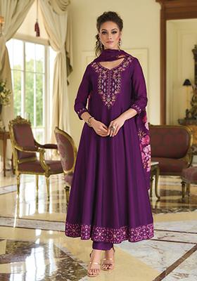 Purple Embroidered Vichitra Salwar Kameez With Dupatta