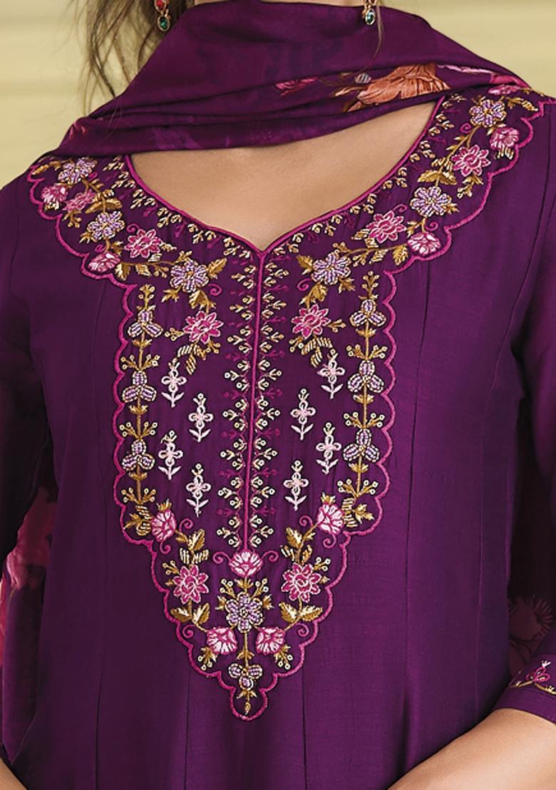 Purple Embroidered Vichitra Salwar Kameez With Dupatta