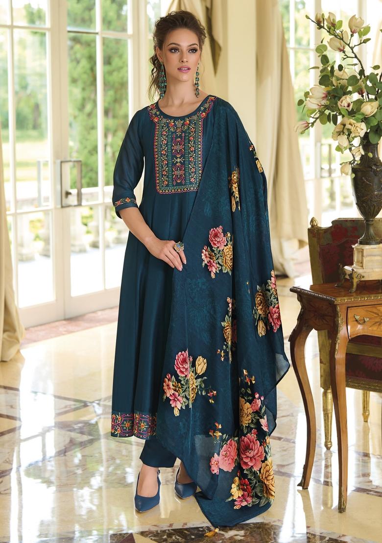 Teal Blue Embroidered Vichitra Salwar Kameez With Dupatta
