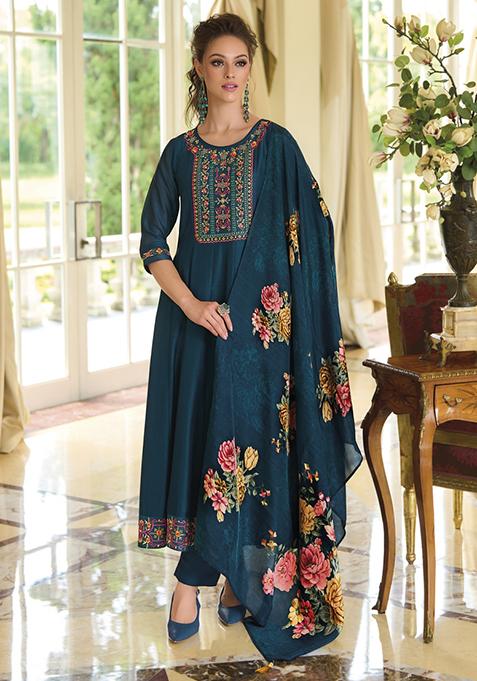 Teal Blue Embroidered Vichitra Salwar Kameez With Dupatta