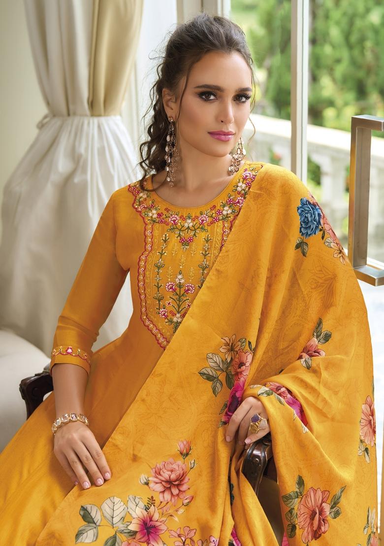 Yellow Embroidered Vichitra Salwar Kameez With Dupatta