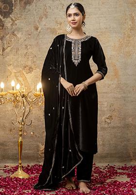 Black Embroidered Velvet Salwar Kameez With Dupatta