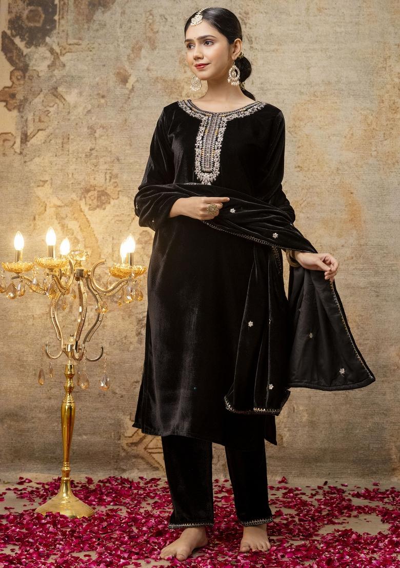 Black Embroidered Velvet Salwar Kameez With Dupatta