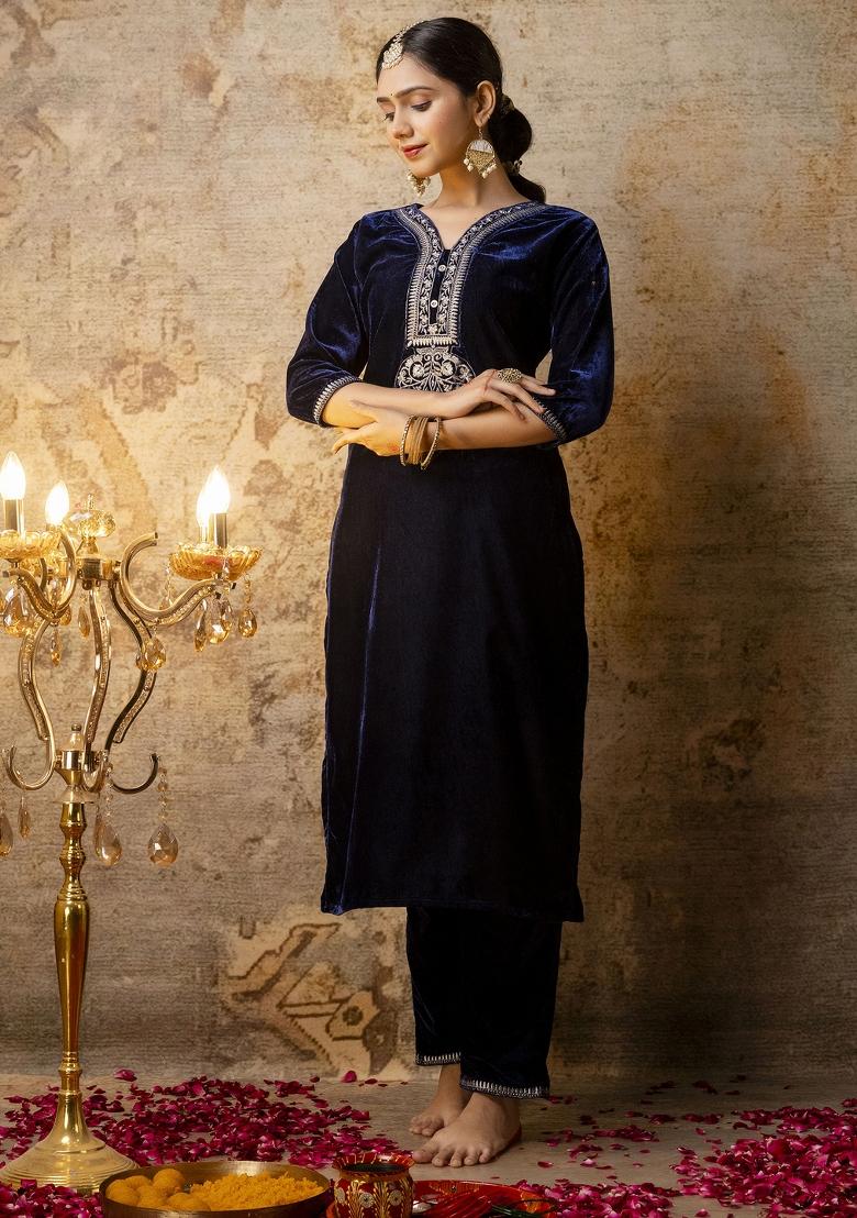 Blue Embroidered Velvet Salwar Kameez With Dupatta