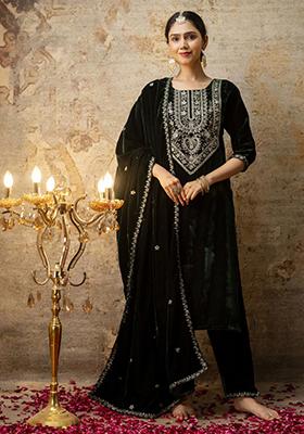 Green Embroidered Velvet Salwar Kameez With Dupatta