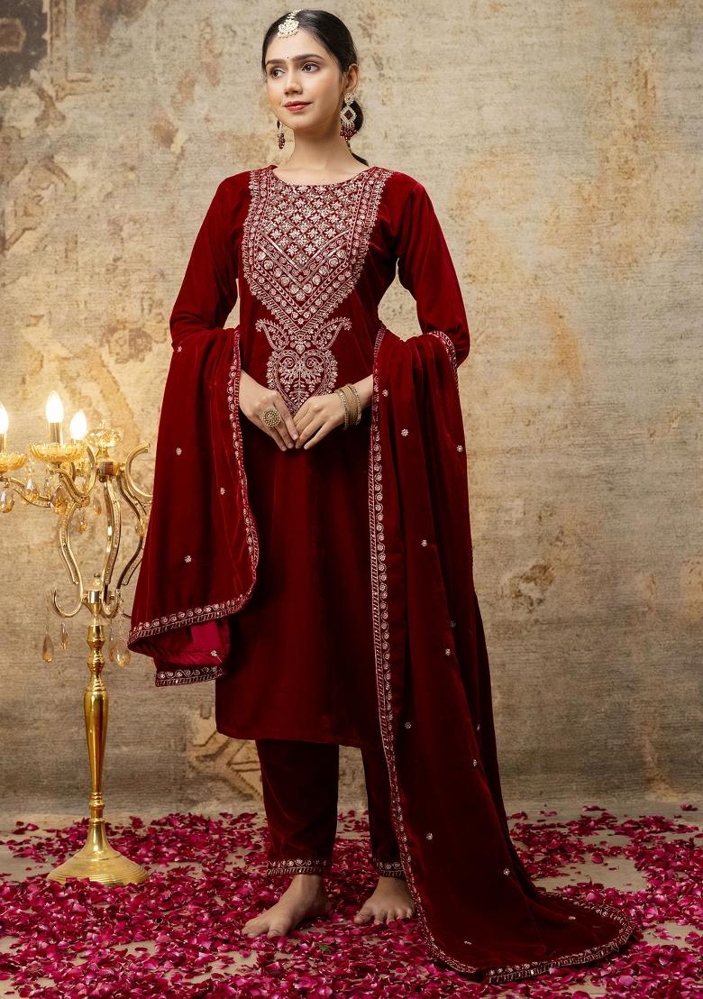 Maroon Embroidered Velvet Salwar Kameez With Dupatta