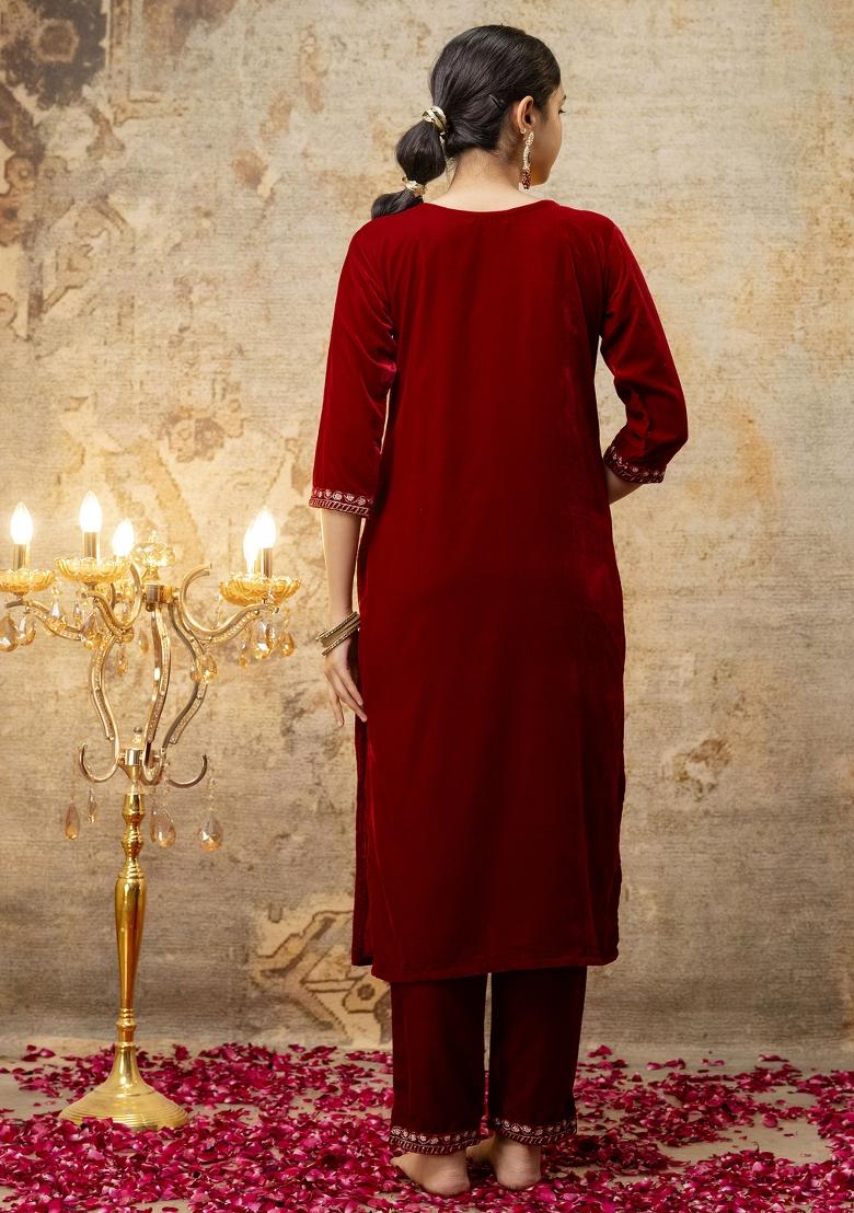 Maroon Embroidered Velvet Salwar Kameez With Dupatta