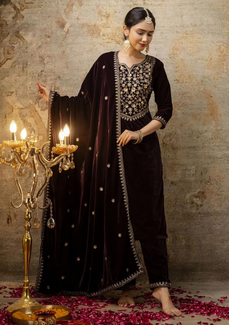 Purple Embroidered Velvet Salwar Kameez With Dupatta