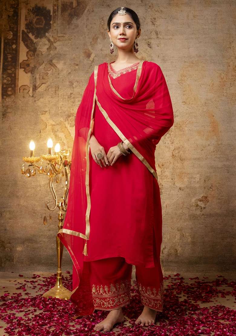 Pink Embroidered Silk Blend Salwar Kameez With Dupatta - Indya