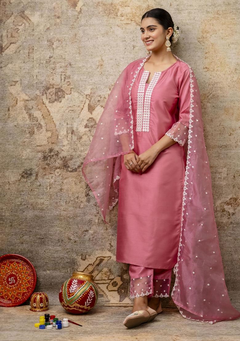 Pink Embroidered Silk Blend Salwar Kameez With Dupatta