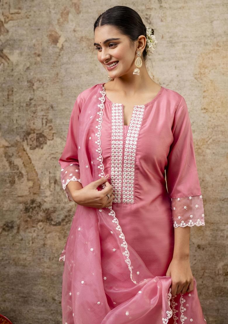 Pink Embroidered Silk Blend Salwar Kameez With Dupatta