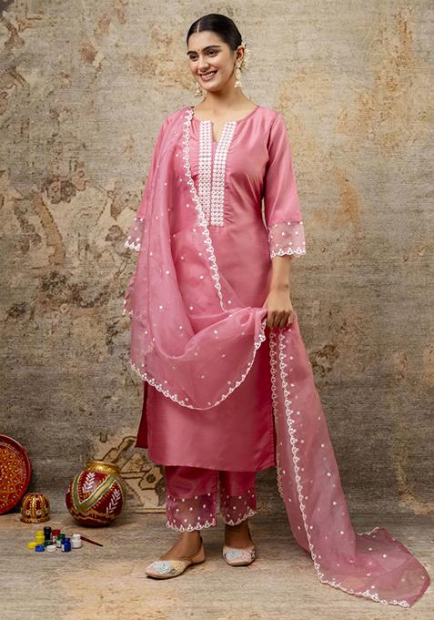 Pink Embroidered Silk Blend Salwar Kameez With Dupatta