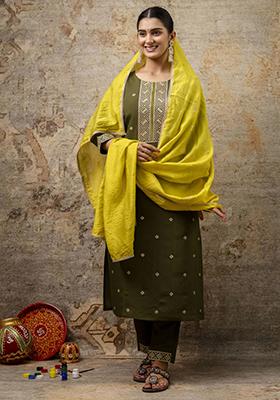 Green Embroidered Silk Blend Salwar Kameez With Dupatta