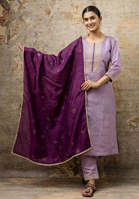 Lavender Embroidered Silk Blend Salwar Kameez With Dupatta
