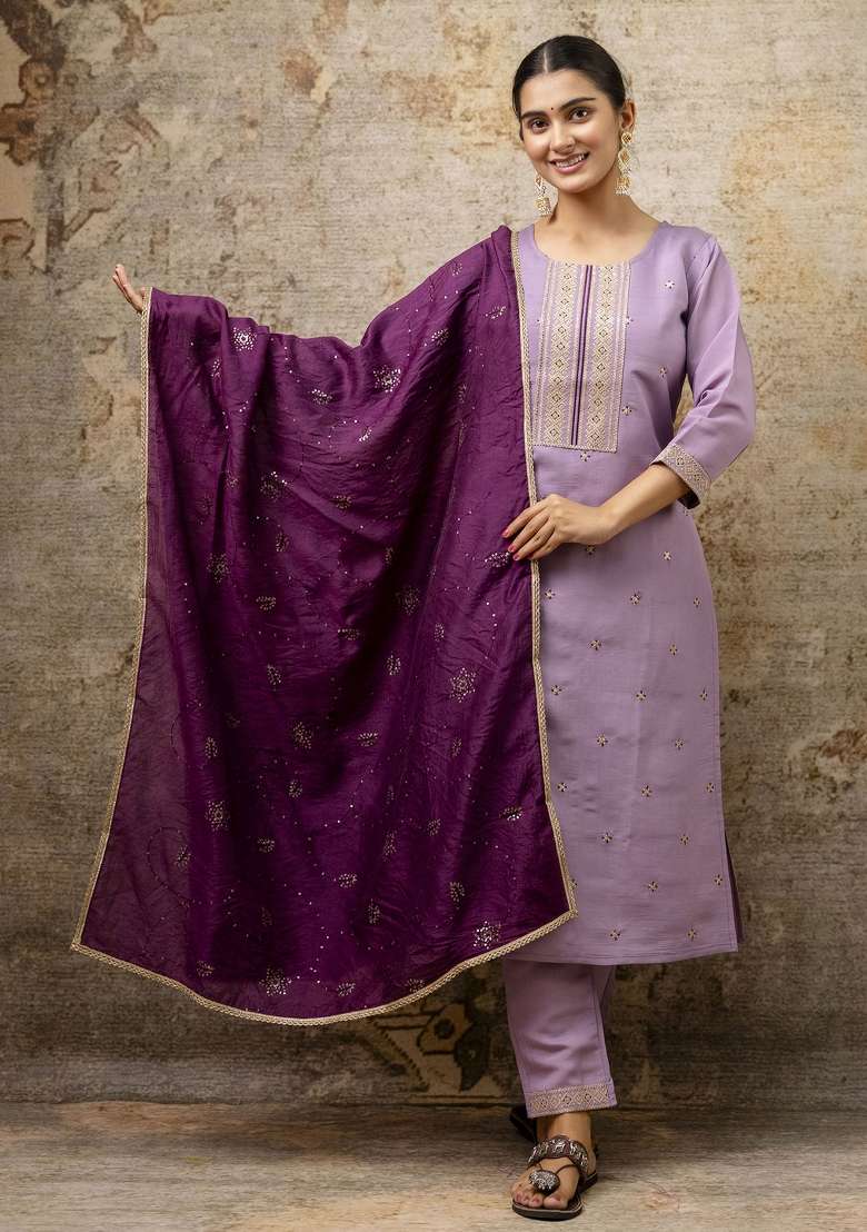 Lavender Embroidered Silk Blend Straight Kurta Set - Indya