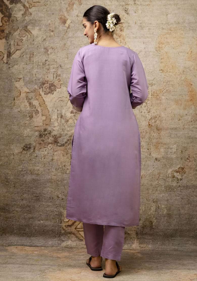 Lavender Embroidered Silk Blend Straight Kurta Set - Indya
