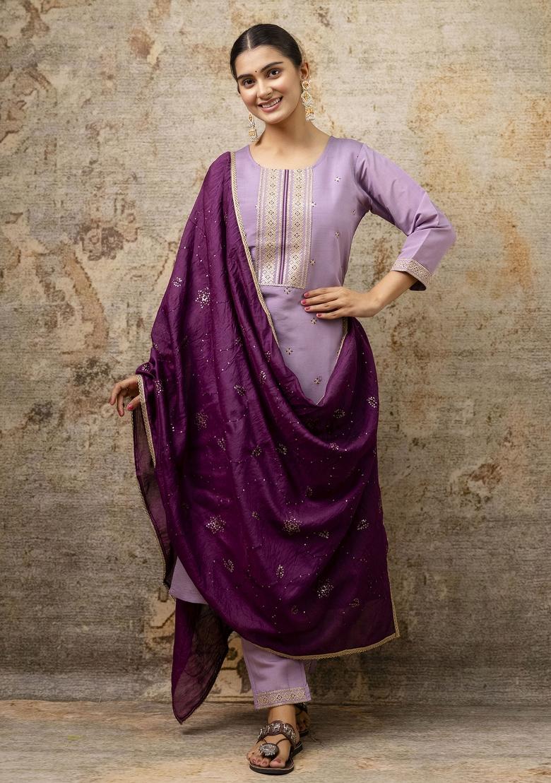 Lavender Embroidered Silk Blend Salwar Kameez With Dupatta
