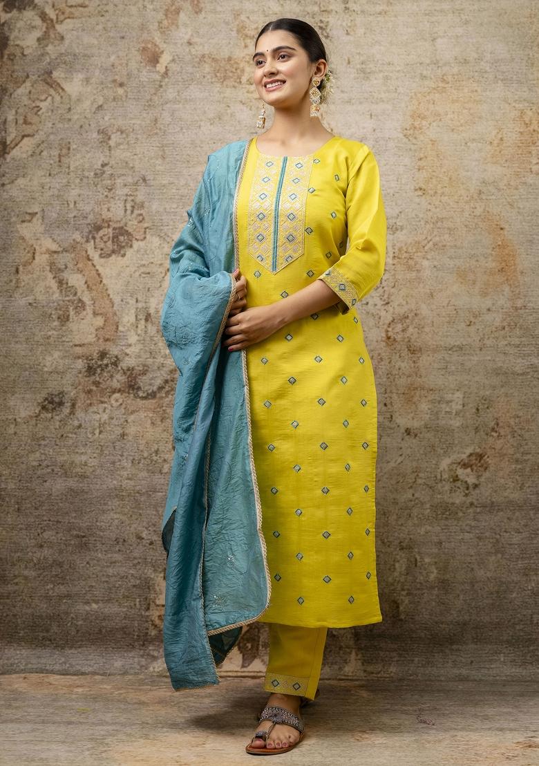 Lemon Yellow Embroidered Silk Blend Salwar Kameez With Dupatta