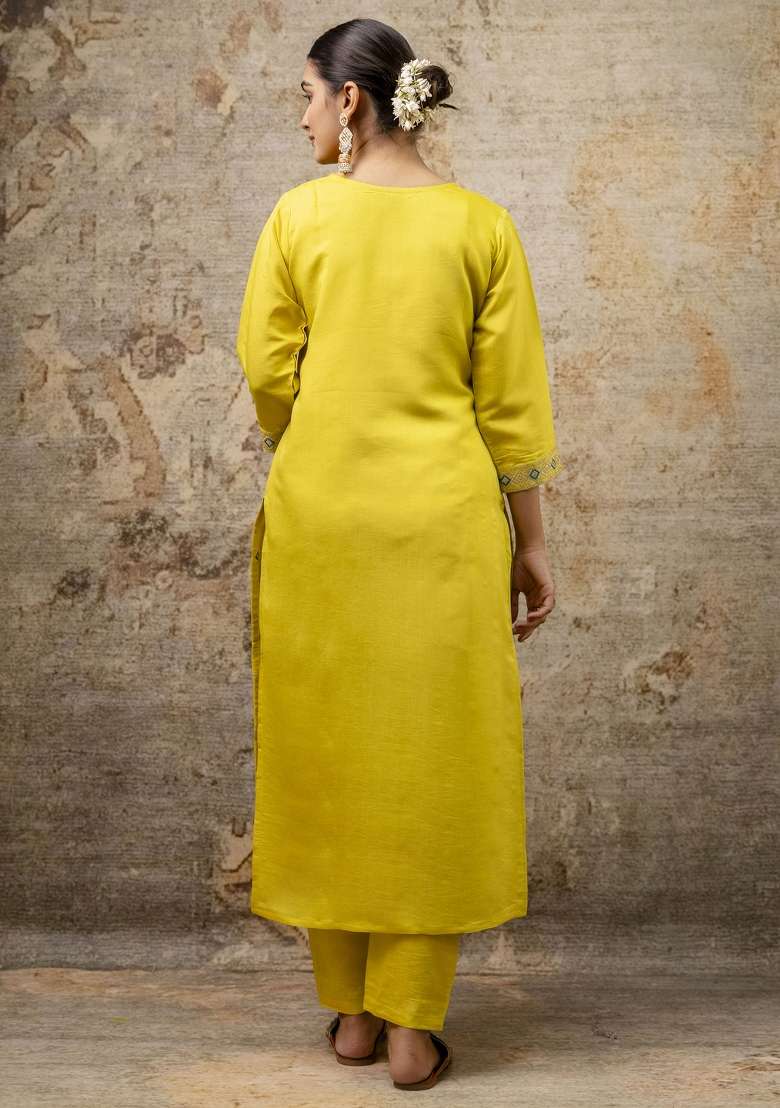 Lemon Yellow Embroidered Silk Blend Straight Kurta Set - Indya
