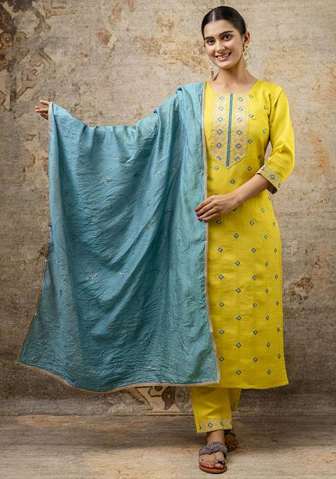 Lemon Yellow Embroidered Silk Blend Salwar Kameez With Dupatta