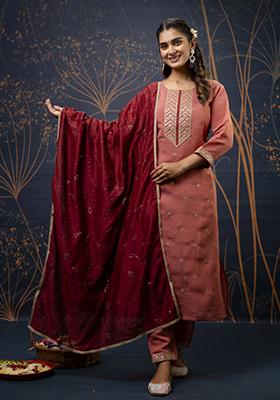 Peach Embroidered Silk Blend Salwar Kameez With Dupatta