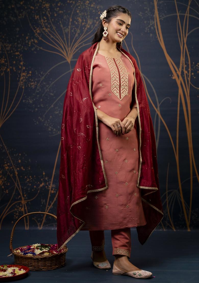 Peach Embroidered Silk Blend Salwar Kameez With Dupatta