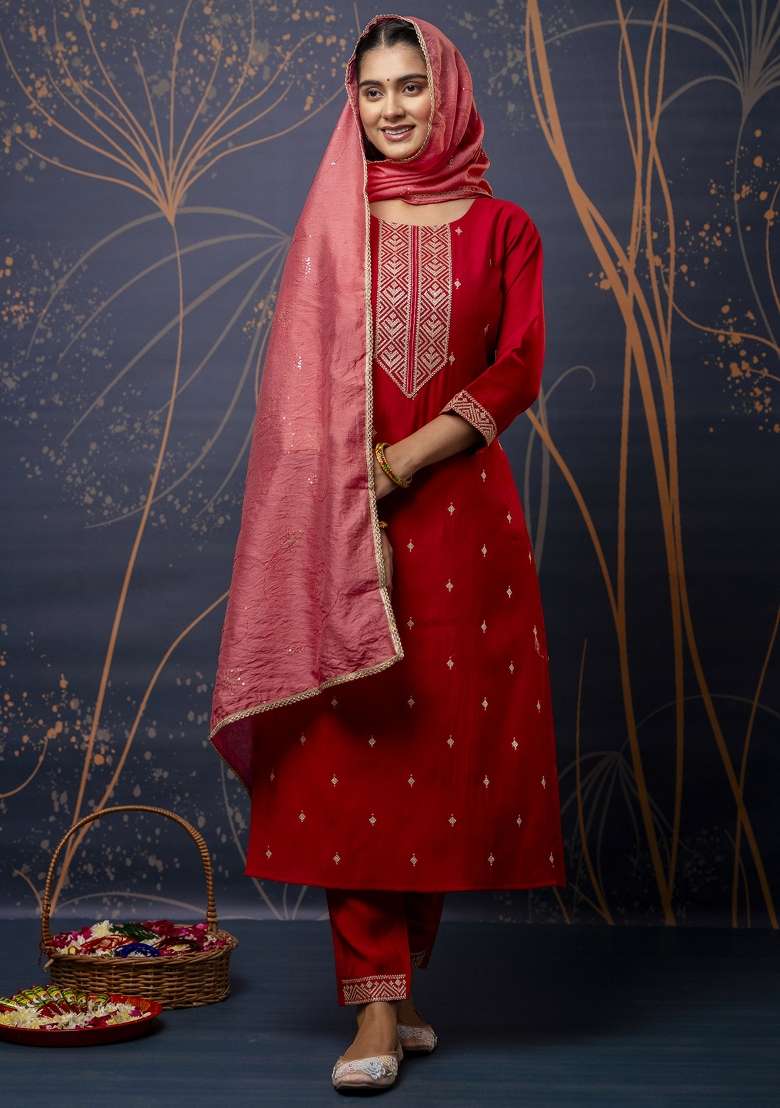 Red Embroidered Silk Blend Straight Kurta Set - Indya