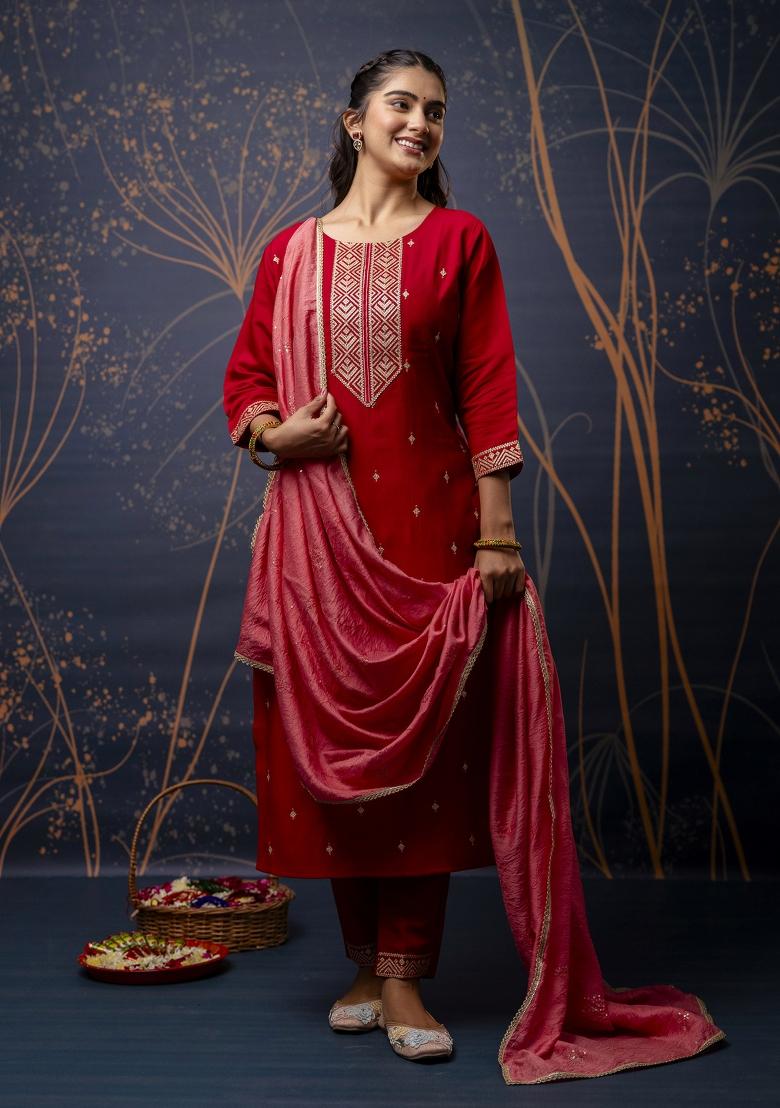 Red Embroidered Silk Blend Salwar Kameez With Dupatta