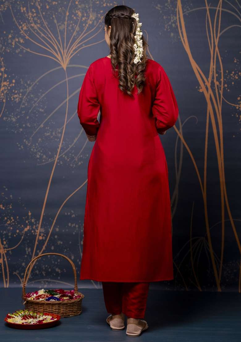 Red Embroidered Silk Blend Straight Kurta Set - Indya