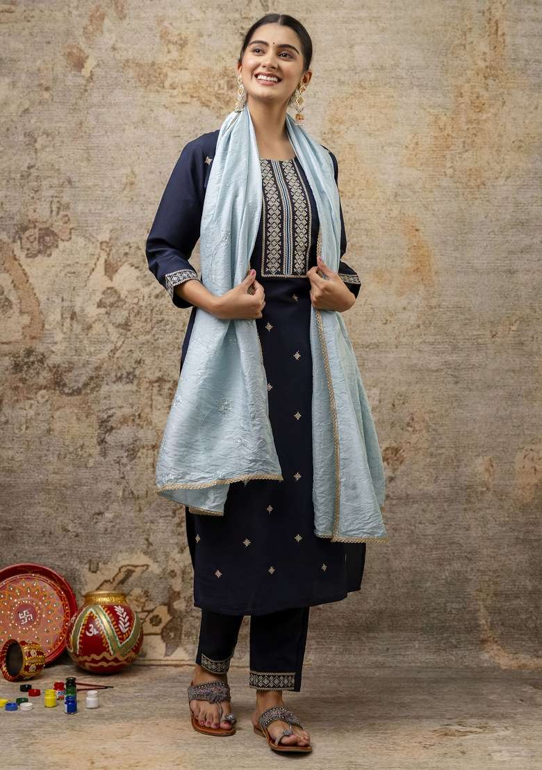 Teal Blue Embroidered Silk Blend Straight Kurta Set - Indya