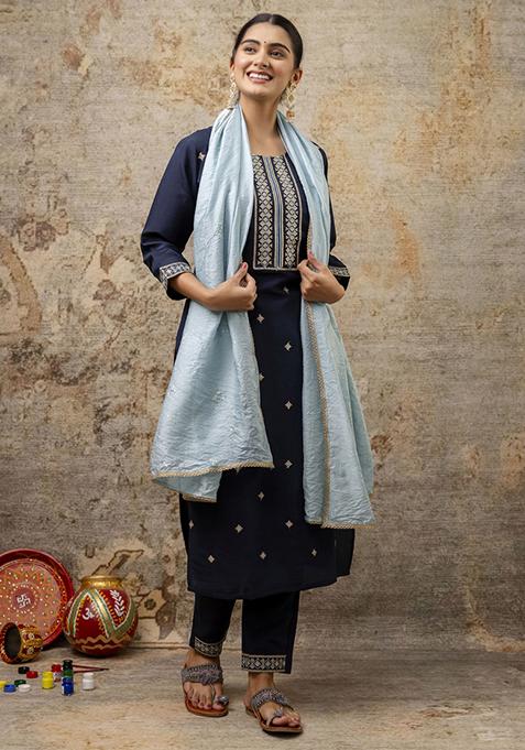 Teal Blue Embroidered Silk Blend Salwar Kameez With Dupatta