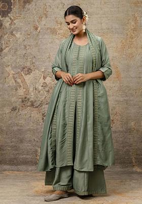 Pista Green Embroidered Silk Blend Palazzo Set