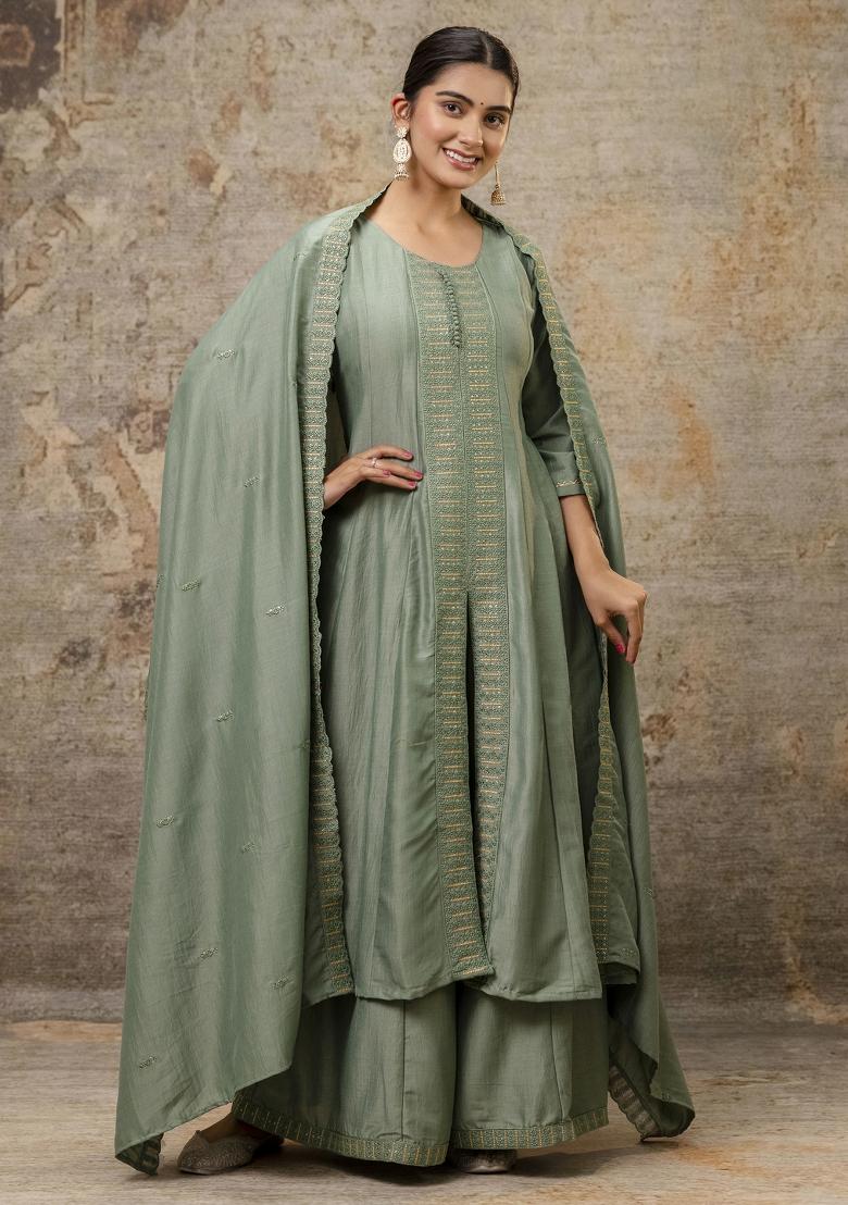 Pista Green Embroidered Silk Blend Palazzo Set