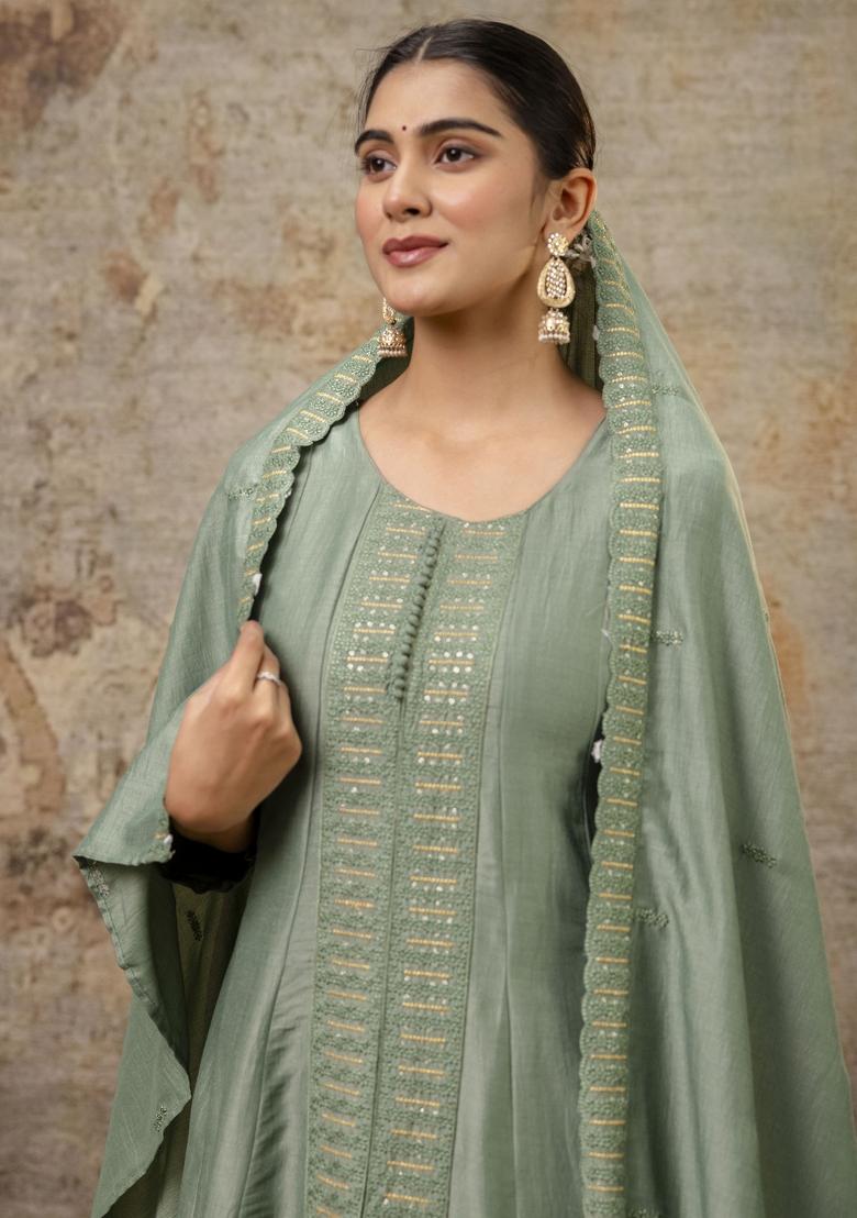 Pista Green Embroidered Silk Blend Palazzo Set