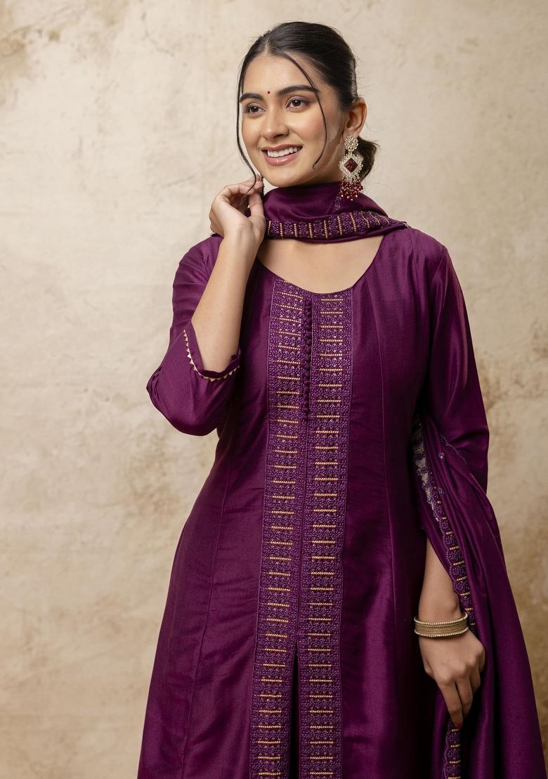Purple Embroidered Silk Blend Palazzo Set