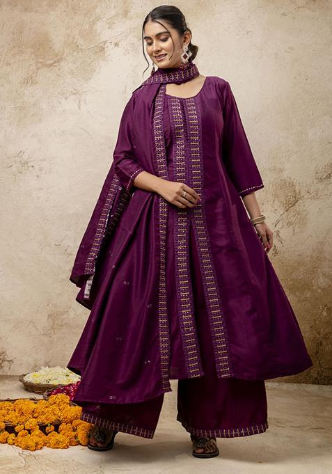 Purple Embroidered Silk Blend Palazzo Set