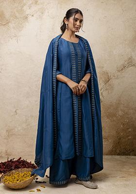 Teal Blue Embroidered Silk Blend Palazzo Set