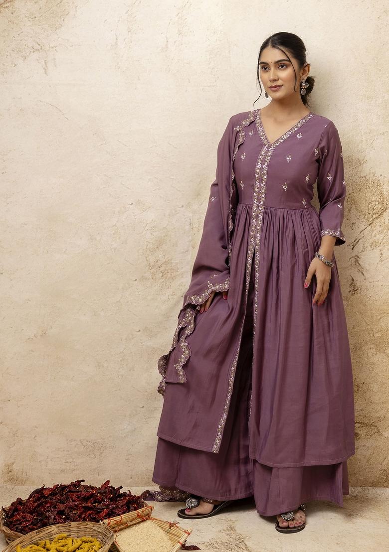 Lavender Embroidered Silk Blend Palazzo Set