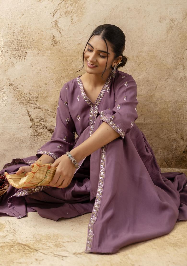 Lavender Embroidered Silk Blend Palazzo Set