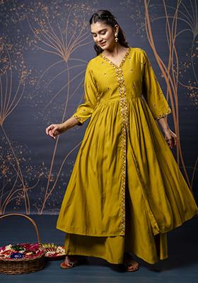 Mustard Yellow Embroidered Silk Blend Palazzo Set