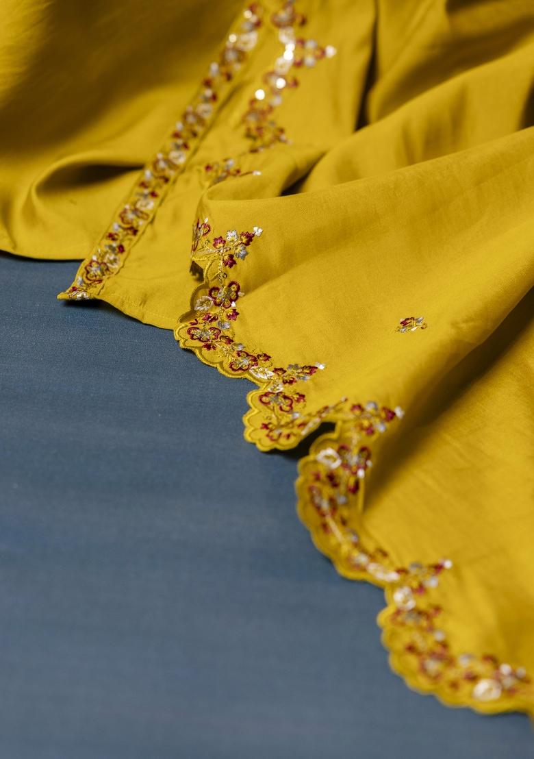 Mustard Yellow Embroidered Silk Blend Palazzo Set