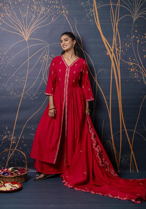 Pink Embroidered Silk Blend Palazzo Set