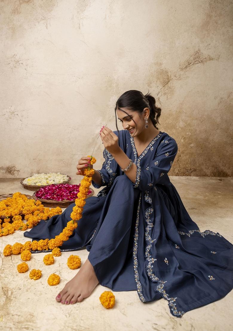 Teal Blue Embroidered Silk Blend Palazzo Set