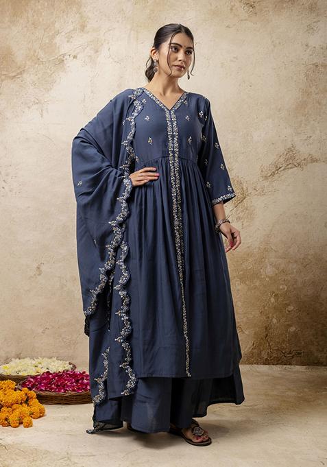 Teal Blue Embroidered Silk Blend Palazzo Set