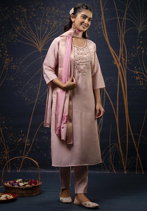 Pink Handwork Shimar Silk Salwar Kameez With Dupatta