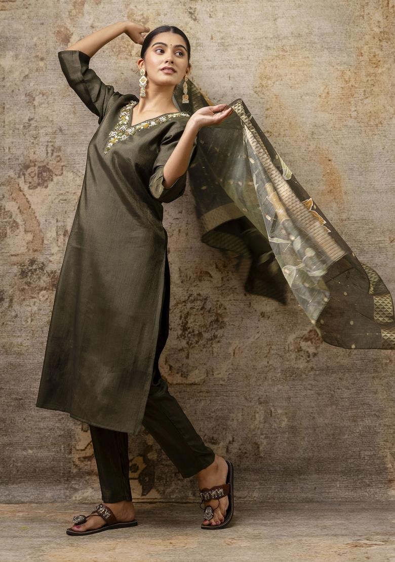 Green Handwork Shimar Silk Salwar Kameez With Dupatta